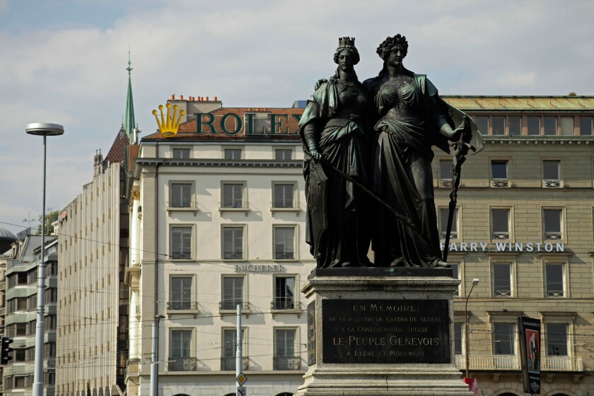 The National Monument with Geneva and Helvetia from 1869 in Geneva, Switzerland, Europe