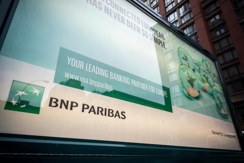 Advertising for the French bank, BNP Paribas, is seen in New York on Saturday, November 7 2015. (© Richard B. Levine)