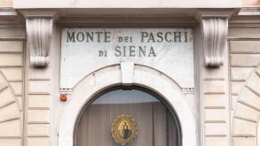 Pisa, Italy - March 24, 2021 - Sign in iron and marble of the Italian bank Monte dei Paschi di Siena