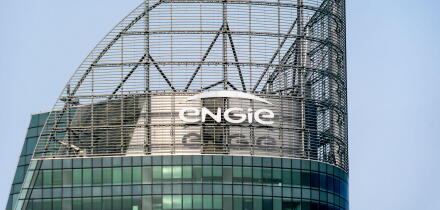 Top of the tower housing the head office of Engie, a French energy industrial group, Paris La Defense, France