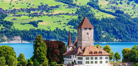Spiez, Switzerland. Spiez castle by Thun lake in the Berner Oberland.