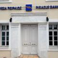 Exterior of the Piraeus Bank of Greece in the small town of Pilos (Pylos) in the Greek Peloponnese.