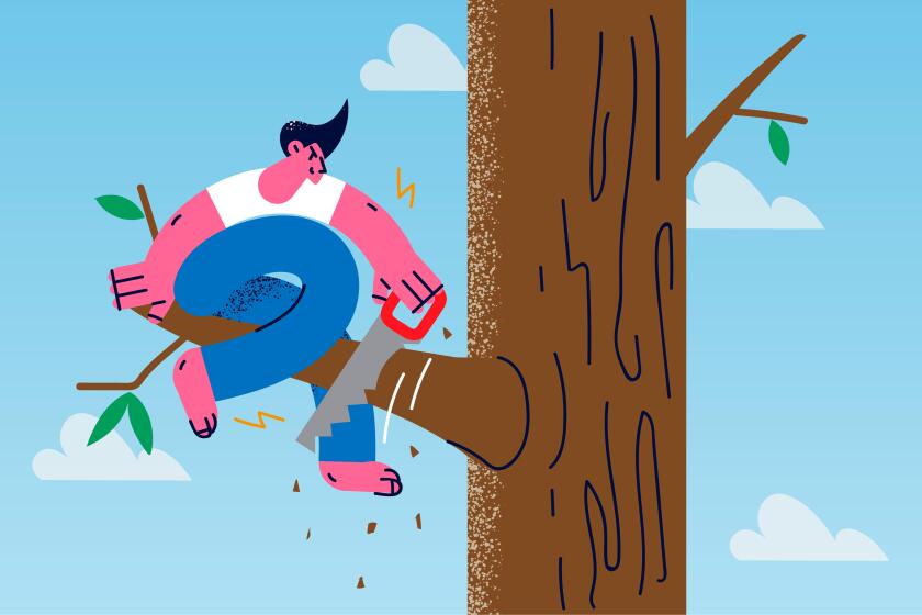 Man saw branch he sit on risk fall down lose everything. Stupid careless male employee or worker involved in risky business project, experience failur