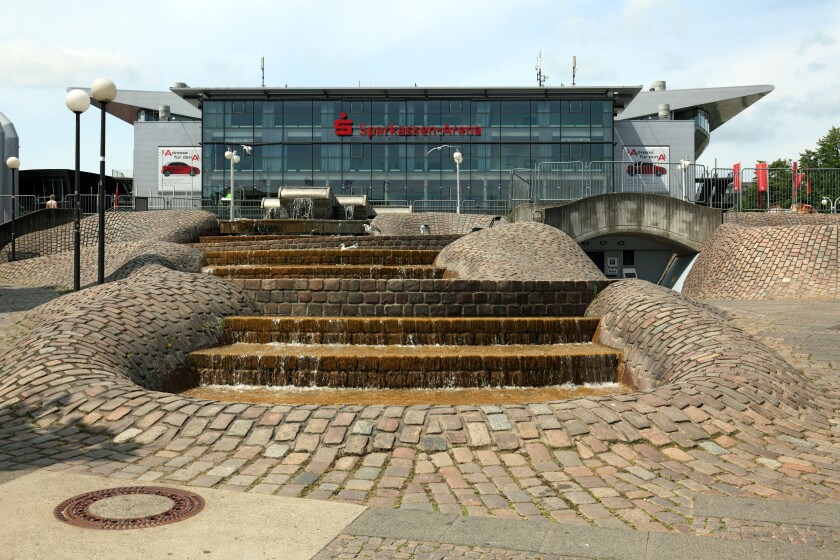 D-Kiel, Kiel Fjord, Baltic Sea, Schleswig-Holstein, Europe Square, well, trick fountains, cascades, Sparkassen Arena, former Ostseehalle, sports hall, exhibition hall