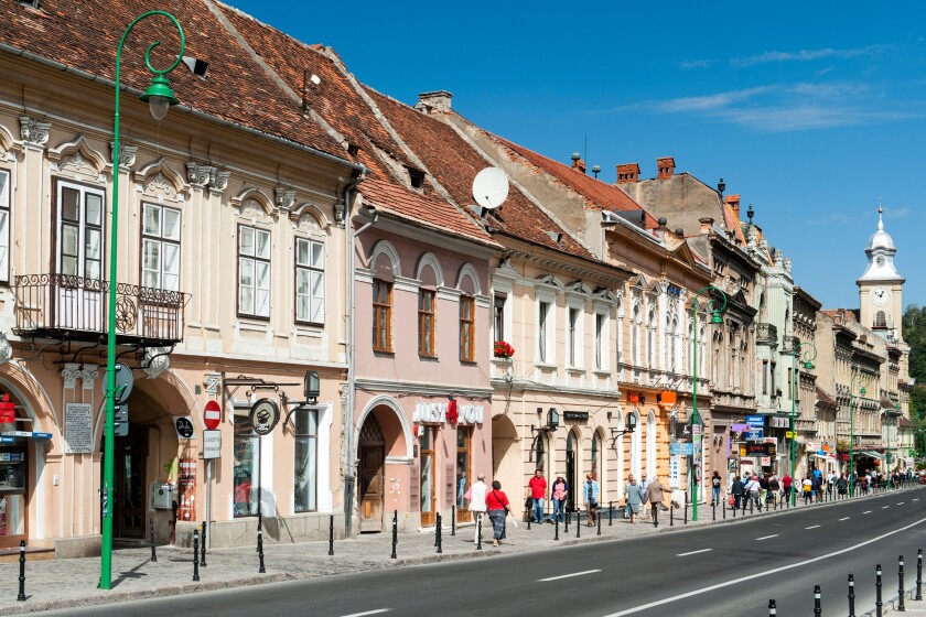 Buildings on George Baritiu street in the old town in Brasov, a city in the central Transylvania region of Romania.
