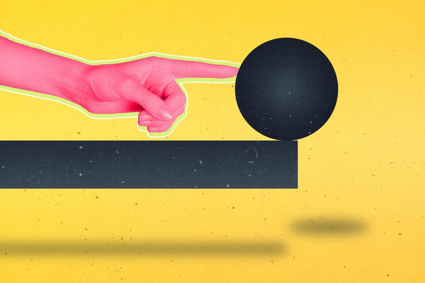 Creative composite collage picture of human arm finger touch pushing ball balancing cliff isolated on yellow drawing background