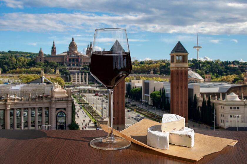 Glass of red wine with brie cheese against view of  The Spain Square in Barcelona, Spain