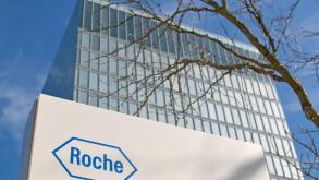 Rotkreuz, Zug, Switzerland - 28th March 2021 : Roche sign in front of the Roche Diagnostics Tower in Rotkreuz, Switzerland. F. Hoffmann-La Roche AG is