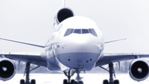 Airliner on runway large three angine jet Selective focus lens Conceptual Blue Tone