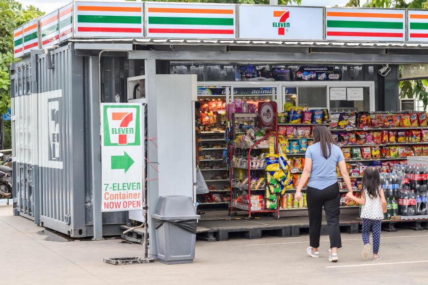 LOEI,Thailand,July 06,2019: 7 eleven mini shop in containers in the city design 7-Eleven is an brand of convenience stores that owns some 60,000