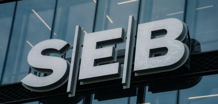 SEB bank logo on modern SEB bank office building on 09 November 2022 in Vilnius, Lithuania. SEB Bank is Commercial Bank of Lithuania, subsidiary of