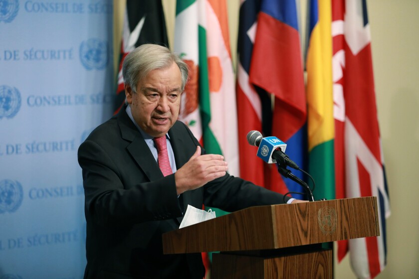 United Nations. 11th Oct, 2021. United Nations Secretary-General Antonio Guterres speaks to reporters at the UN headquarters in New York, on Oct. 11, 2021. Guterres on Monday called for the injection of liquidity to keep the Afghan economy afloat. Credit: