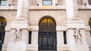 Milan Stock Exchange entrance on Piazza Affari - The building shows the typical fascist style and today is an important landmark in Milano