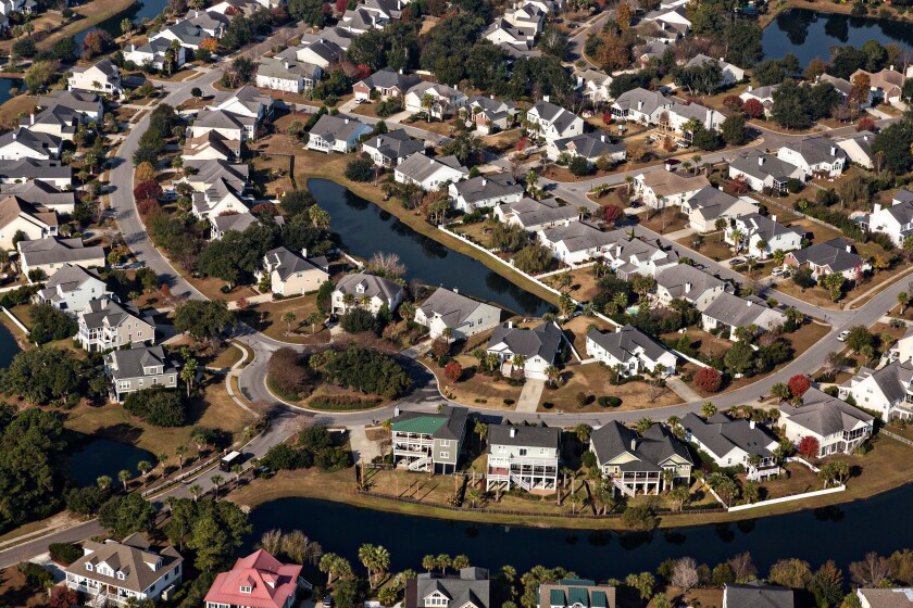 Aerial view of homes in Seaside housing development in Mt Pleasant, SC.