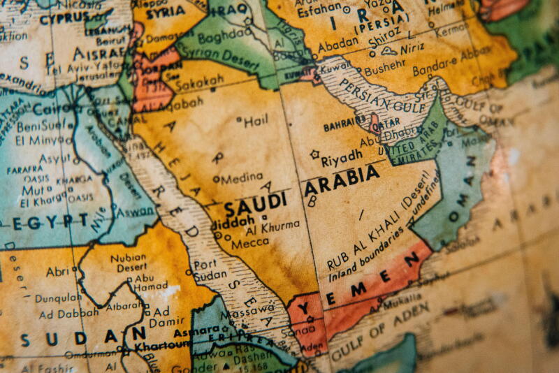Close-up vintage map of the Middle East featuring Saudi Arabia, Egypt, Yemen, and surrounding regions.