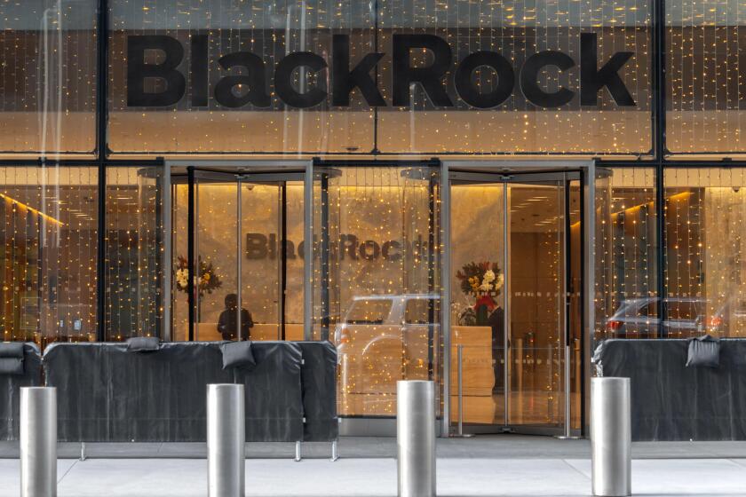 BlackRock, Inc headquarters entrance on tenth avenue in the Hudson Yards area of Manhattan, New York, decorated with Christmas lights