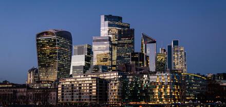 London skyline at dusk, London, UK
