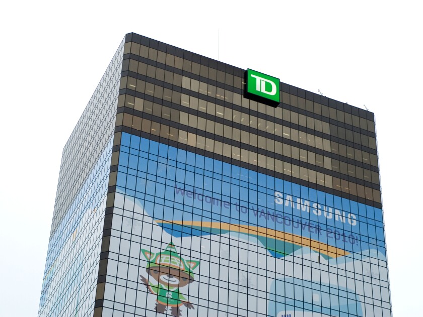 TD Bank Building in Vancouver covered with Samsung giant banner for 2010 Winter Olympics