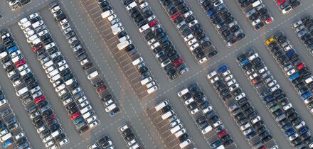 Large fleet of business vehicles at a car leasing company, showing mobility, transport, logistics, and corporate vehicle management.