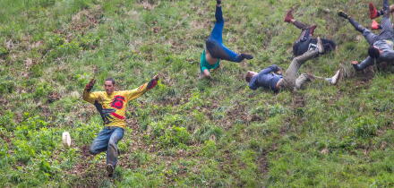 Gloucester, UK. The annual cheese rolling race held at Coopers Hill, Brockworth outside Gloucester. Competitors race down the extremly steep slippery hill chasing a double Gloucester cheese, the winner of each race recieves the cheese as thier prize.