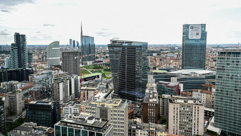 Milan, Italy - June 7, 2023: an aerial view of the new Porta Nuova district of downtown Milan.