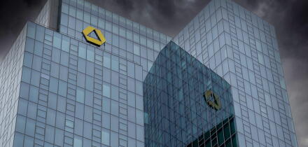 Commerzbank Tower in Frankfurt while Dark clouds passing by. Financial Business in Germany. Financial crisis. Banking industry