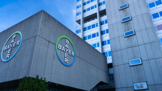 Bayer AG company logos displayed on the exterior of the division pharmaceuticals headquarters building in the Wedding district of Berlin, Germany.