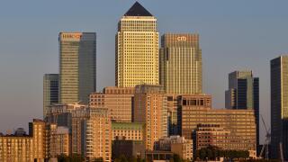 Canary Wharf, London, UK. HSBC, No.1 Canada Square, Citi and Credit Suisse office buildings all visible.