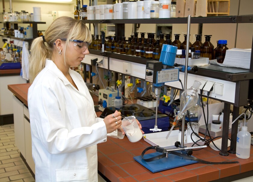 A trainee lab technician at Evonik, Essen, Germany