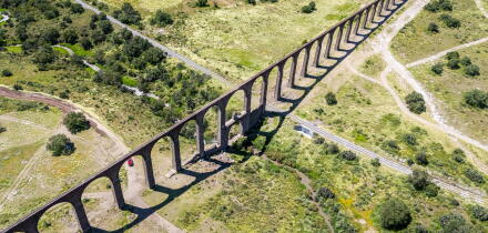 Aerial view of the Father Tembleque aqueduct in the countryside of HIdalgo, Mexico.