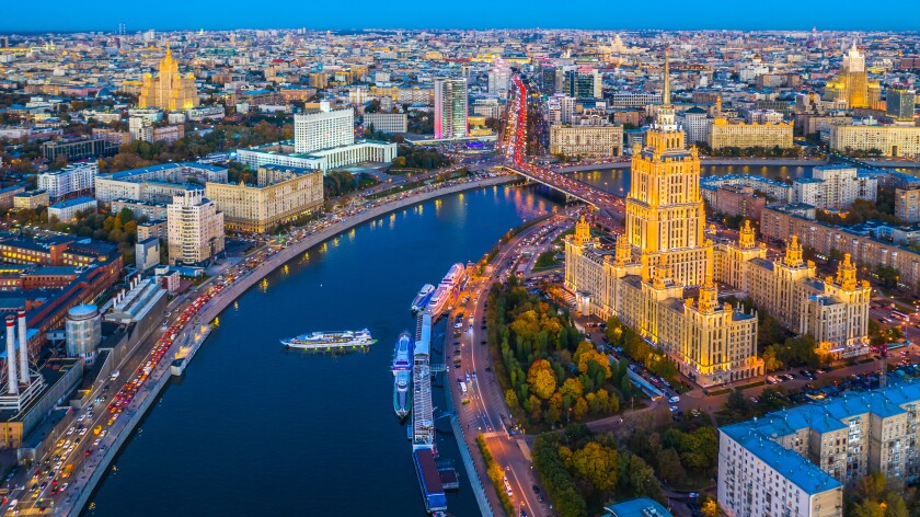 Aerial view of Moscow City with Moscow River, Russia, Moscow skyline with the historical architecture skyscraper and Moskva River and Arbat street bridge, Moscow, Russia.