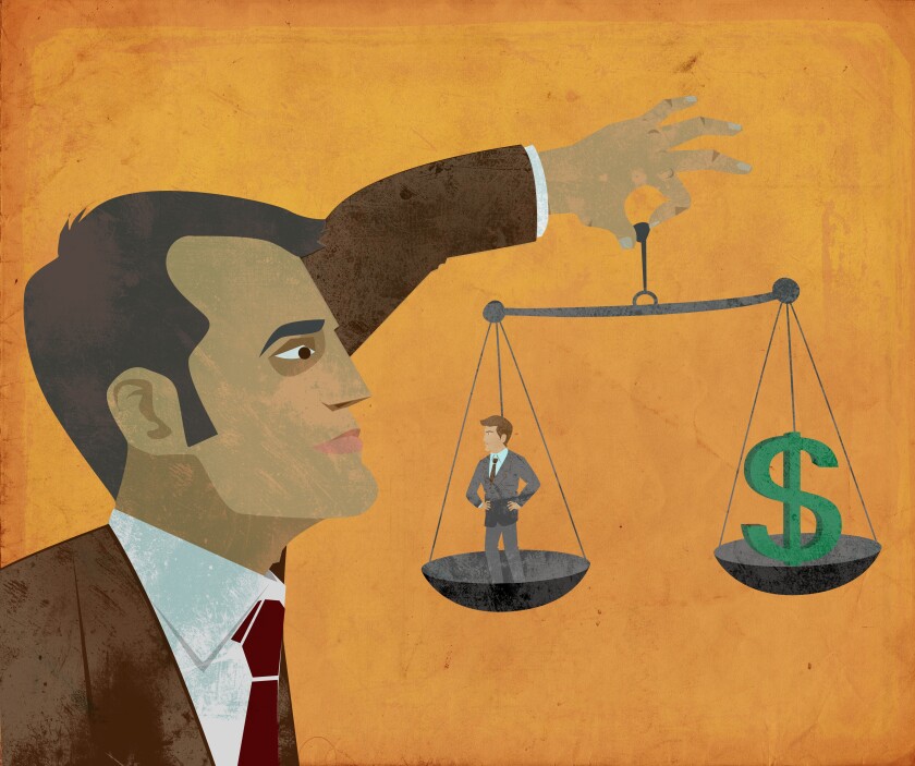 Illustrative image manager measuring individual's performance in accordance dollar sign representing employee retention process. Image shot 2012. Exact date unknown.
