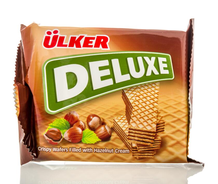 Winneconne, WI - 25 October 2018:  A package of Ulker deluxe hazelnut wafers from Turkey on an isolated background.