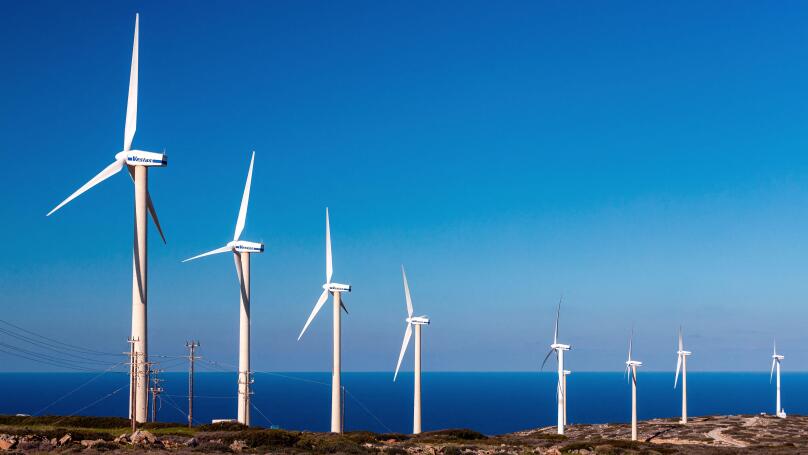 Wind farm at Aforesmenos (also known as "Agios Ioannis") cape, Municipality of Agios Nikolaos, Lassithi, Crete, Greece.