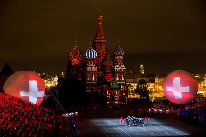 Moscow, Russia - August, 2017: Performance of Top Secret Drum Corps from Switzerland on International Military Tattoo Music Festival "Spasskaya Tower"