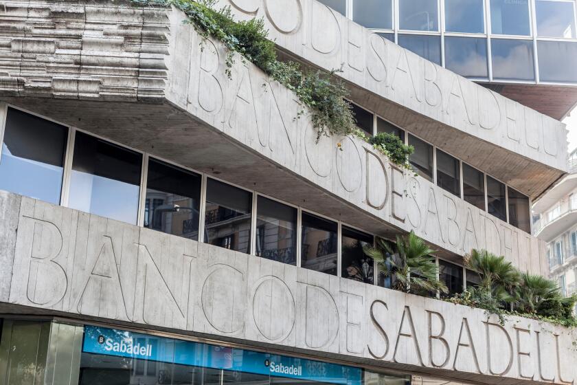 Facade Banco de Sabadell sign, Rambla de Catalunya, Barcelona.