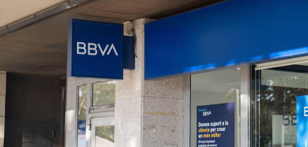Barcelona, Spain - 5 November 2021: Banco Bilbao Vizcaya Argentaria BBVA bank sign, Illustrative Editorial.