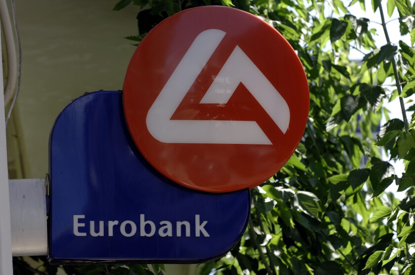 Red blue eurobank logo Agrinon Greece greek europe european eec eu day daylight sign signage banking financial 