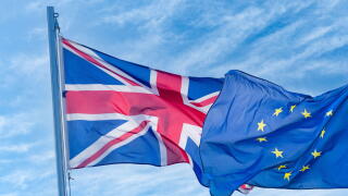 EU, European Union flag and flag of UK, United Kingdom