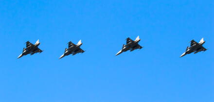 SAAB JAS-39 Gripen from the Swedish Air Force in flight over Leeuwarden Air Base during NATO exercise Ramstein Flag. Leeuwarden, The Netherlands - Apr