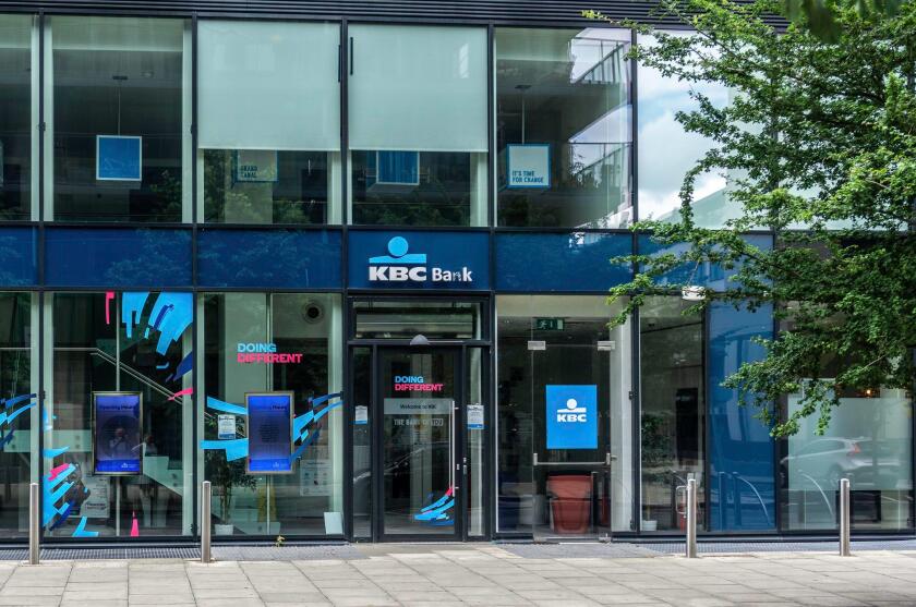 A branch of KBC Bank in Forbes Street, Grand Canal, Dublin, Ireland. KBC have announced that they will be exiting the Irish market shortly.