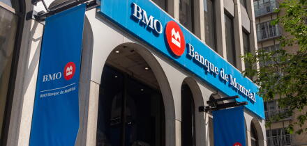 Montreal, CA - 3 September 2019: BMO branch on Peel street.