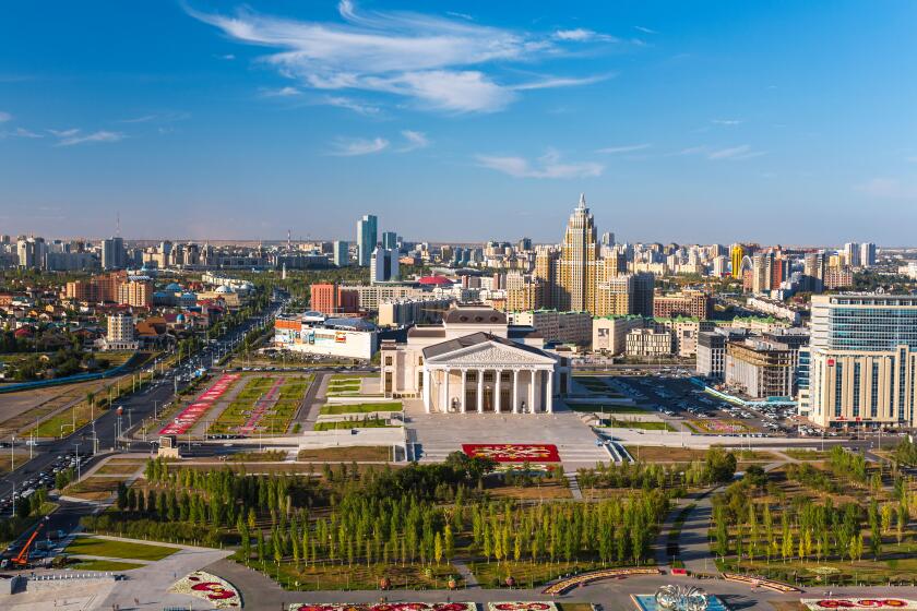 Central Asia, Kazakhstan, Astana, elevated view over the city center and Opera Theater building