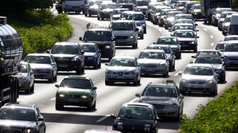 Traffic jam on a highway, motorway.