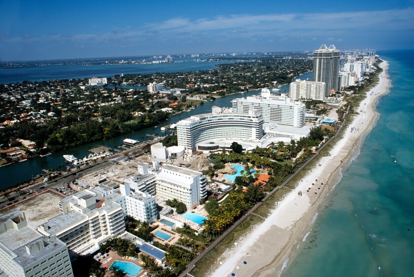 Aerial View of Miami Beach with Fountainblue Hotel in centre