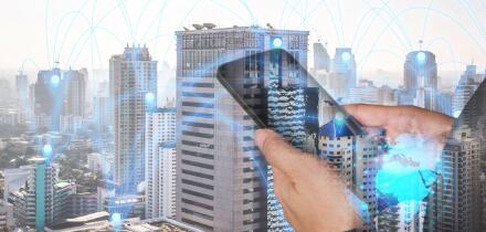 double exposure of woman hand hold and touch screen smartphone, cellphone and lowing line 5G node networking earth on world map background as business