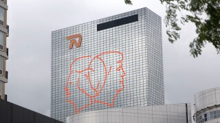 Flourescent line drawing artwork by Gijs van Bon and Thijs Kelder on the Nationale Nederlanden building Rotterdam Netherlands