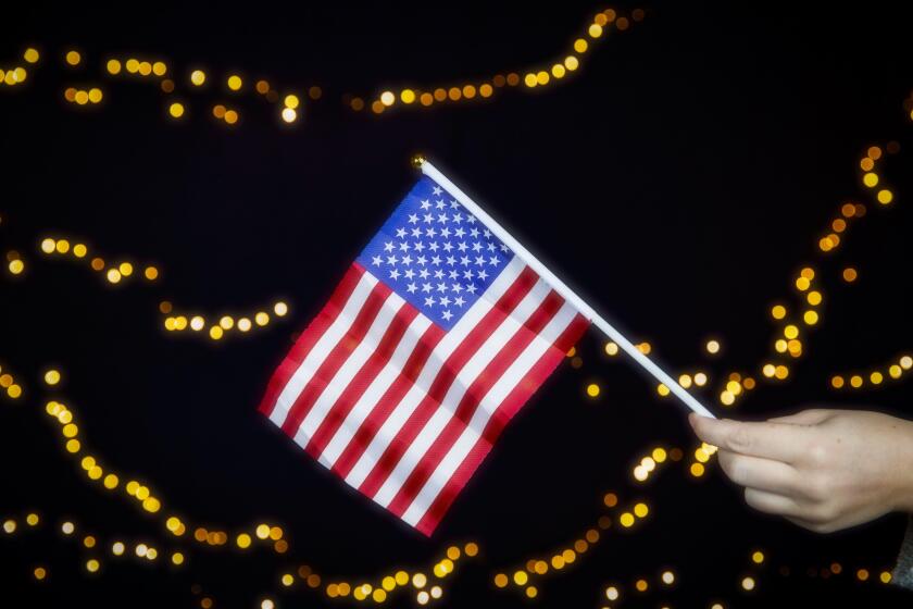 USA flag, red white and blue with sparkling yellow bokeh background, Copy space, space for text. colorful design American concept