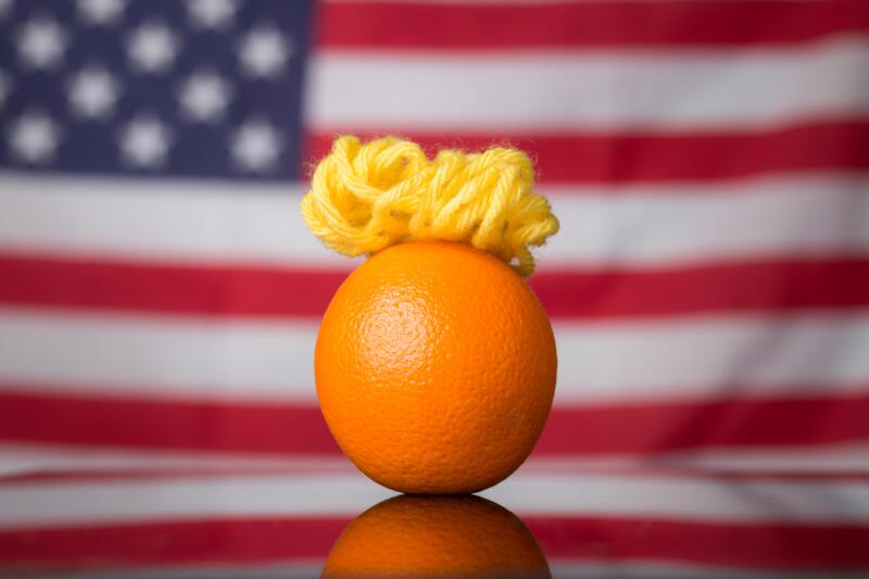 A satirical photo of an Orange made to look like US presidential candidate Donald Trump.