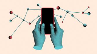 Contemporary collage. Hands holding smartphone with connected network nodes